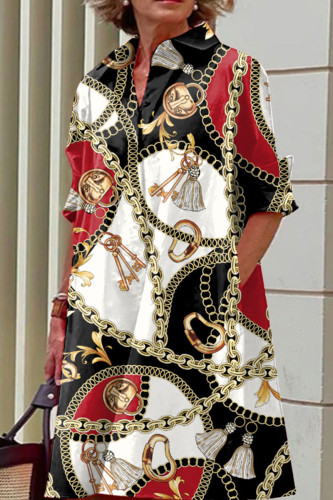 Black Red Casual Print Patchwork Buckle Turndown Collar Dresses
