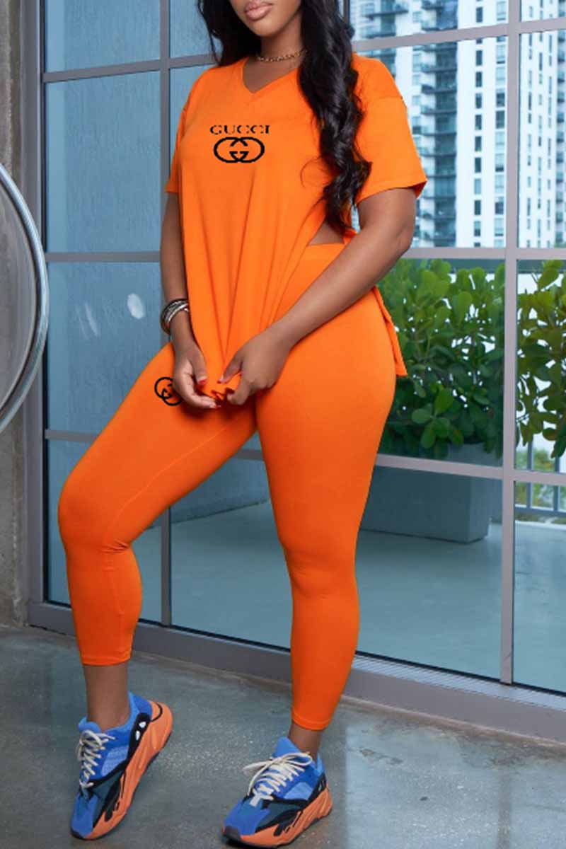 

Tangerine Red Casual Print Slit Letter V Neck Short Sleeve Two Pieces