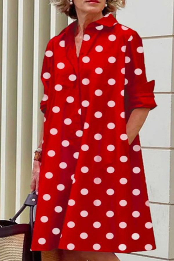 Rode casual print patchwork gesp turndown kraag jurken
