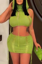 Vert Sexy Casual solide évidé col à capuche sans manches deux pièces