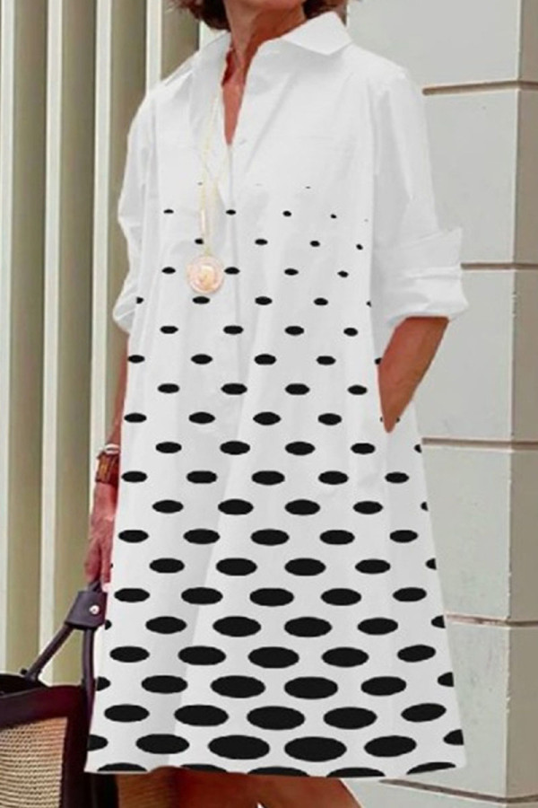 Кремово-белое повседневное платье-рубашка в горошек с принтом в стиле пэчворк и пряжкой с отложным воротником Платья Платья