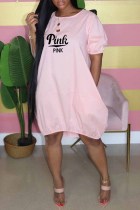 ピンク カジュアル プリント レター O ネック ランタン スカート ドレス