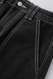 Jeans jeans preto casual street patchwork sólido bolso cintura alta