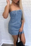 Baby Blue Sexy Casual Solid Backless Strapless Jean Dress Sleeveless Skinny Denim Dresses
