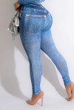Pantaloni con stampa di posizionamento a matita a vita alta patchwork con stampa sexy blu