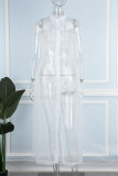 White Street Solid Patchwork Buckle See-through Turndown Collar Straight Dresses