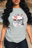 Marineblauwe Casual Street Skull Patchwork T-shirts met O-hals