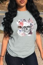 Grijze Casual Street Skull Patchwork T-shirts met O-hals