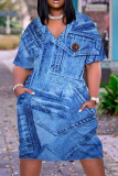Mörkblå Casual Print Patchwork Pocket V-ringad kortärmad klänning