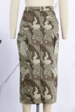 Army Green Casual Camouflage Print Patchwork Slit Regular High Waist Conventional Full Print Bottoms