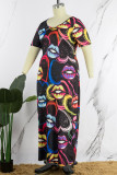 Kleur Casual Street Print Patchwork U-hals bedrukte jurk Grote maten jurken
