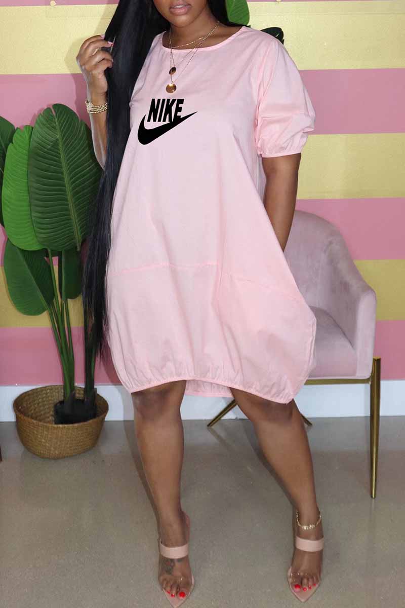 

Pink Casual Print Letter O Neck Lantern Skirt Dresses