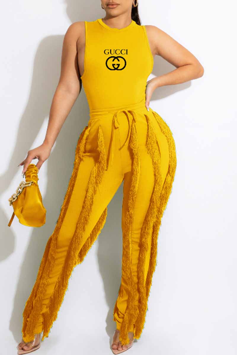 

Yellow Casual Print Tassel Letter O Neck Sleeveless Two Pieces