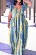 Синее желтое Повседневное платье с принтом Базовое платье с V-образным вырезом и короткими рукавами Платья