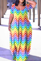 Цветное повседневное платье с принтом, базовое платье с V-образным вырезом и коротким рукавом, платья
