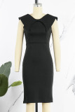 Black Casual Elegant Solid Patchwork Square Collar One Step Skirt Dresses
