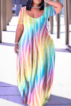 Farbe Casual Print Basic V-Ausschnitt Kurzarm Kleid Kleider