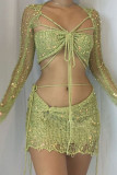 Verde sexy sólido vendaje lentejuelas patchwork transparente cuello asimétrico manga larga tres piezas