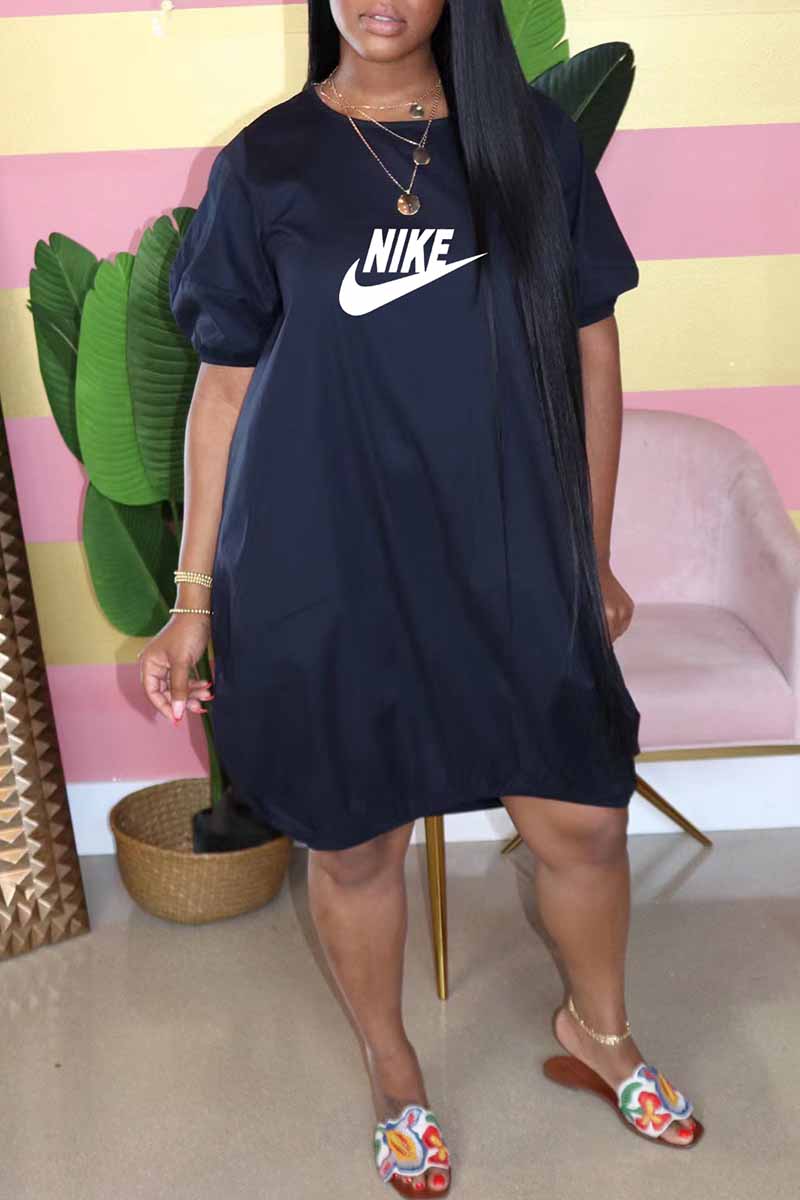 

Tibetan Blue Casual Print Letter O Neck Lantern Skirt Dresses