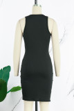 ブラックカジュアルプリントパッチワークOネックワンステップスカートドレス