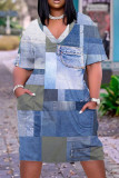 Robe décontractée imprimé patchwork poche col en V manches courtes bleu clair