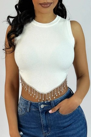 White Casual Solid Tassel Patchwork Chains O Neck Tops