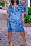 Dark Blue Casual Print Patchwork Pocket V Neck Short Sleeve Dress