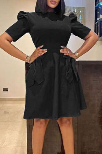 Black Casual Solid Patchwork With Bow O Neck Short Sleeve Dress