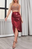 Burgundy Casual Solid Patchwork Regular High Waist Conventional Solid Color Skirt
