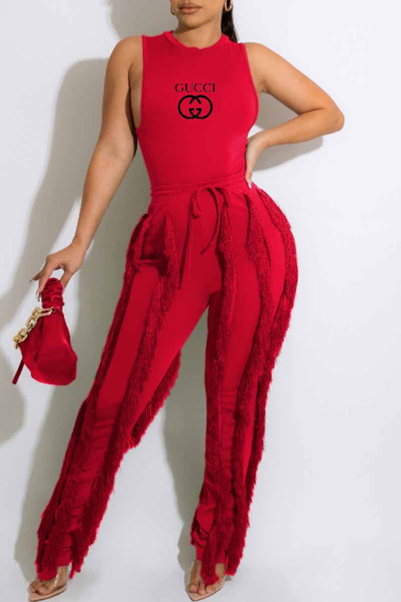 

Red Casual Print Tassel Letter O Neck Sleeveless Two Pieces