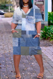 Vestido de manga corta con cuello en V y bolsillo de patchwork con estampado casual azul gris