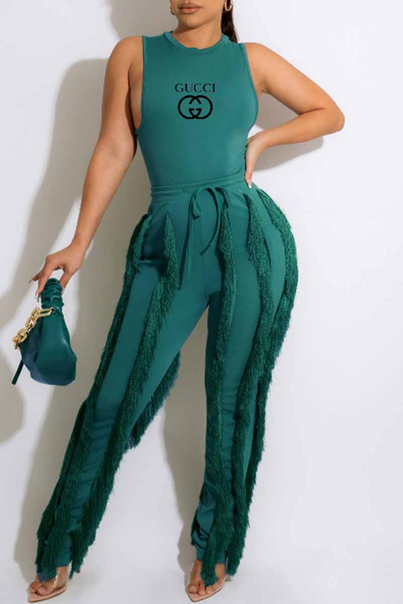 

Dark Green Casual Print Tassel Letter O Neck Sleeveless Two Pieces