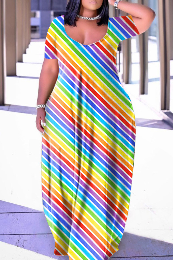 Цветное повседневное платье с принтом, базовое платье с V-образным вырезом и коротким рукавом, платья