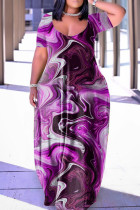 Темно-фиолетовый Повседневное платье с принтом Базовое платье с V-образным вырезом и короткими рукавами Платья