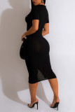 Vestidos de falda de lápiz con hebilla de patchwork sólido sexy negro