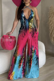 Rose Red Blue Sexy Print Patchwork Halter Straight Jumpsuits