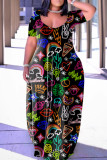 Multicolor Casual Print Basic V Neck Short Sleeve Loose T-shirt  Maxi Dresses