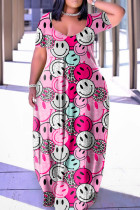 Розовое повседневное платье с принтом Базовое платье с V-образным вырезом и короткими рукавами Платья