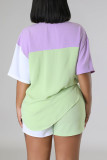 Green Casual Solid Patchwork Pocket Buckle Turndown Collar Short Sleeve Two Pieces
