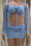 Blue Sexy Solid Bandage Sequins Patchwork See-through Asymmetrical Collar Long Sleeve Three Pieces
