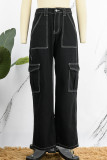 Pantalones vaqueros de mezclilla de cintura alta con bolsillo de patchwork sólido de calle informal negro