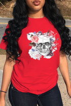 Camisetas Red Casual Street Skull Patchwork O Neck