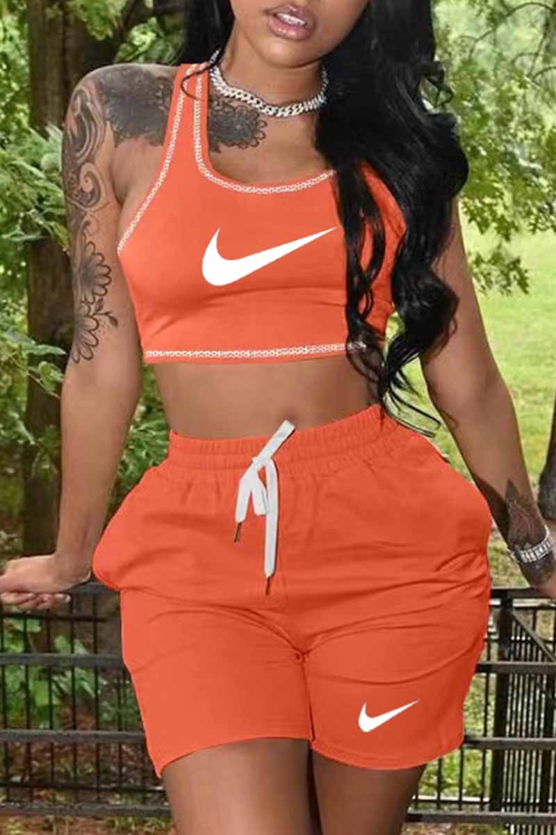 

Orange Red Casual Print Patchwork U Neck Sleeveless Two Pieces