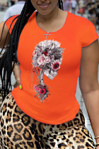 Oranje casual dagelijkse schedel patchwork T-shirts met ronde hals