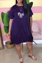 Фиолетовые повседневные платья с буквенным принтом и круглым вырезом, юбка-фонарик
