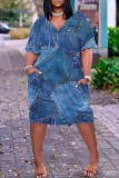 Robe décontractée imprimé patchwork poche col en V manches courtes bleu clair