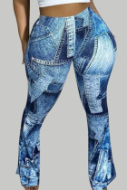 Blaue Patchwork-Hosen mit hoher Taille und geradem, voll bedrucktem Muster