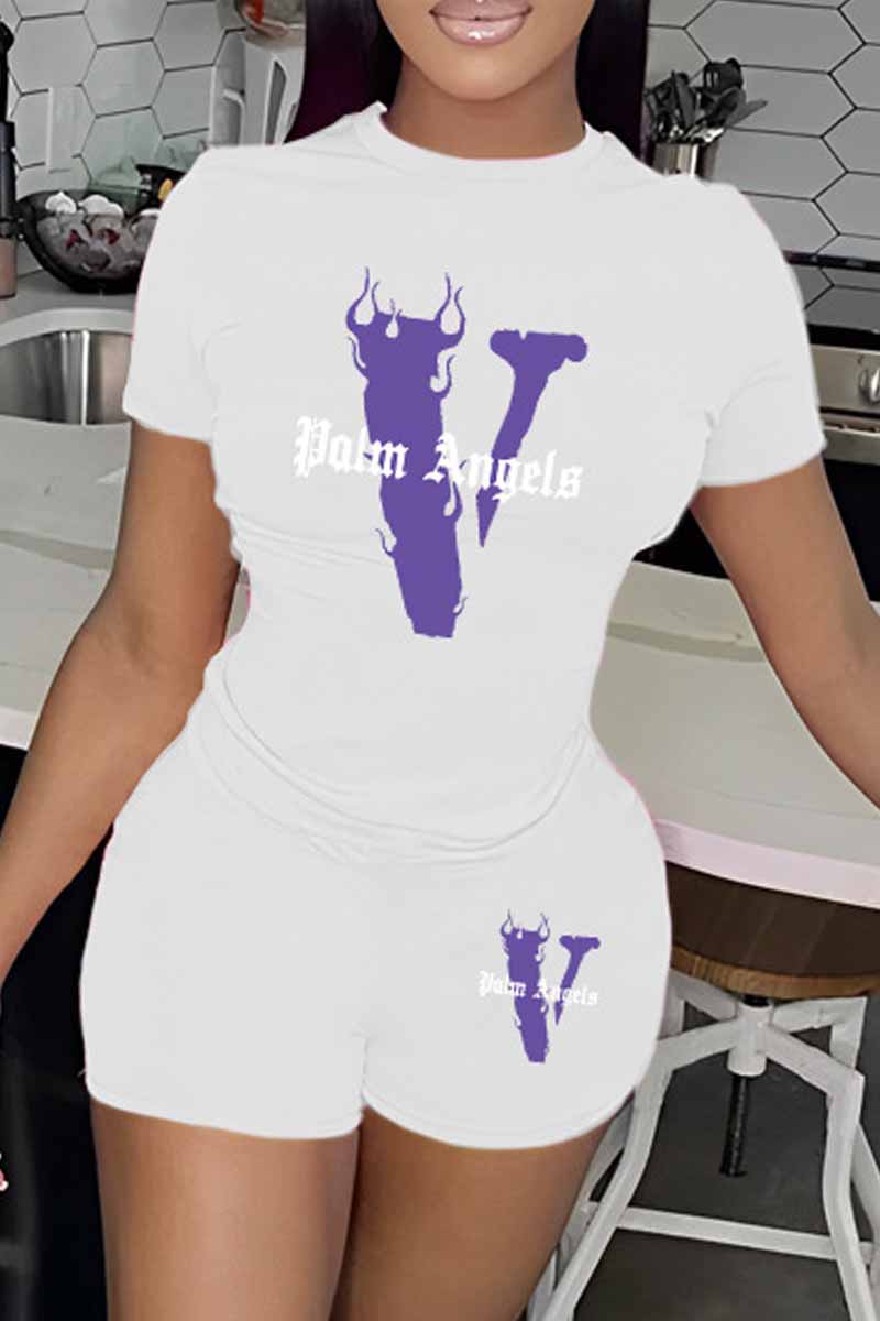 

White Casual Print Letter O Neck Short Sleeve Two Pieces