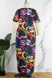 Farbe Casual Street Print Patchwork U-Ausschnitt bedrucktes Kleid Plus Size Kleider