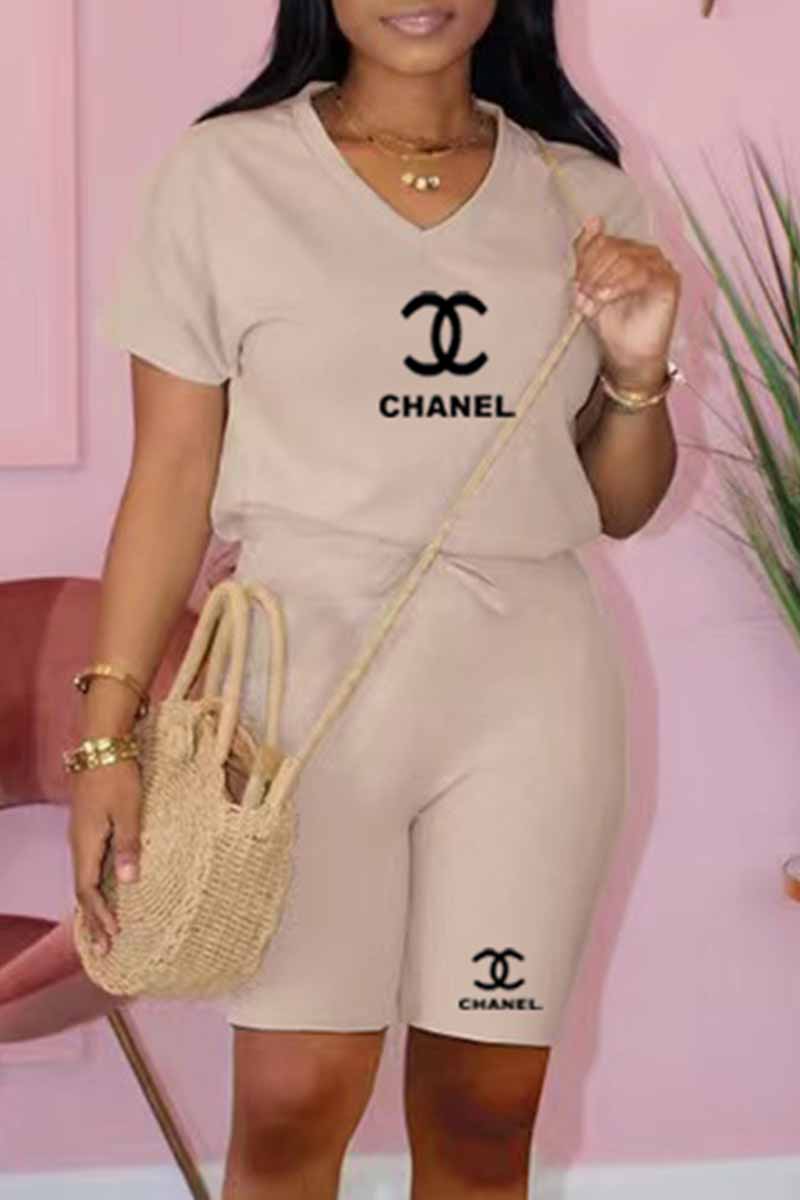 

Beige Casual Print Letter V Neck Short Sleeve Two Pieces